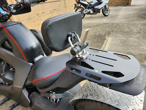 Sargent's Universal EM-5 Backrest on Sargent's Rear Rack on the Can-Am Ryker Motorcycle.